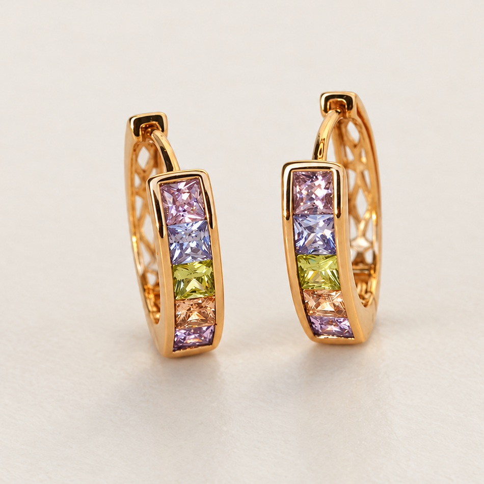 Curved Zircon Hoop Earrings, 12mm, Multicolour, Pair