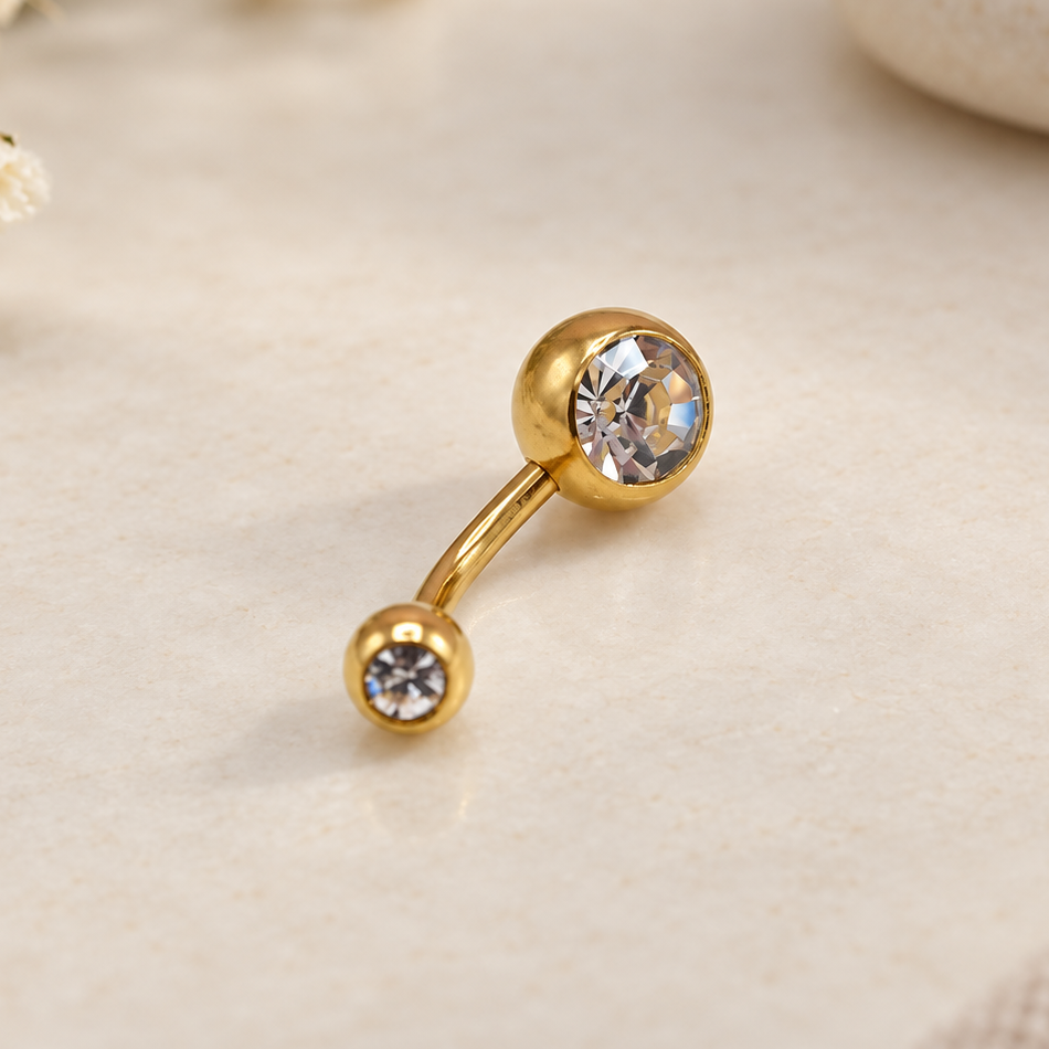 Zircon Belly Bar, 14G, 10mm, Gold, Silver or Black, 316L Stainless Steel, Single
