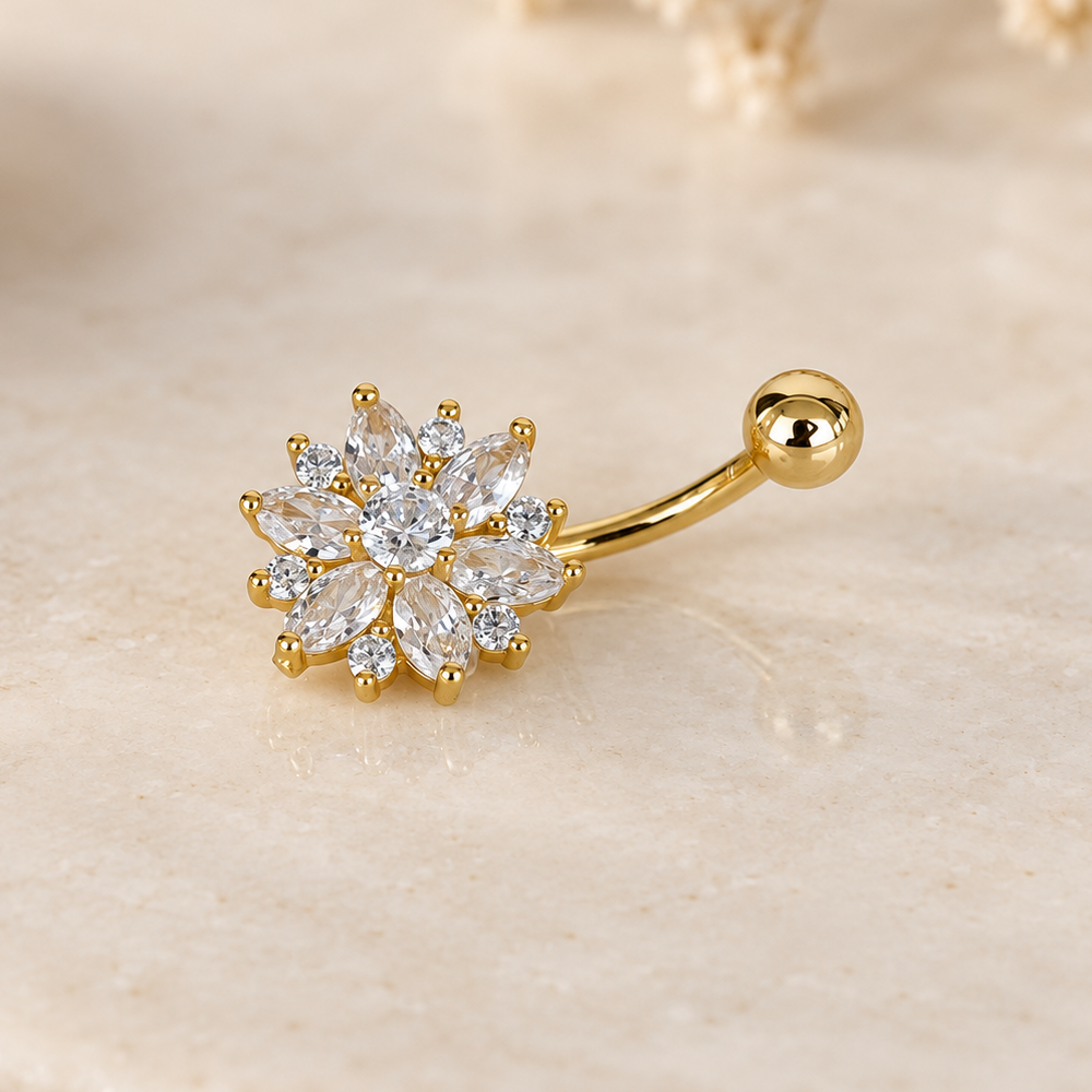 Flower Belly Bar, 14G, 10mm, Gold, Silver or Silver With Purple Flowers, 316L Stainless Steel, Single