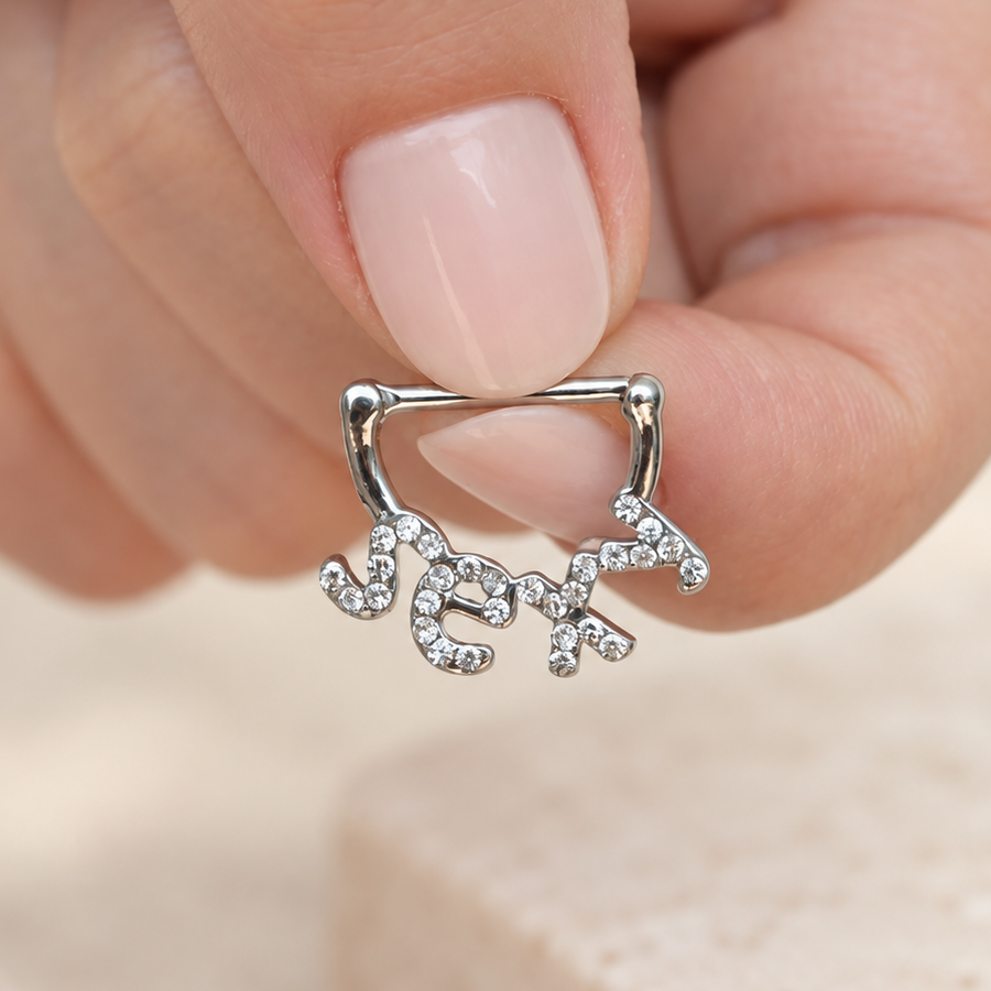 Silver-coloured nipple barbell with clear-stone “sexy” lettering, held between fingers.