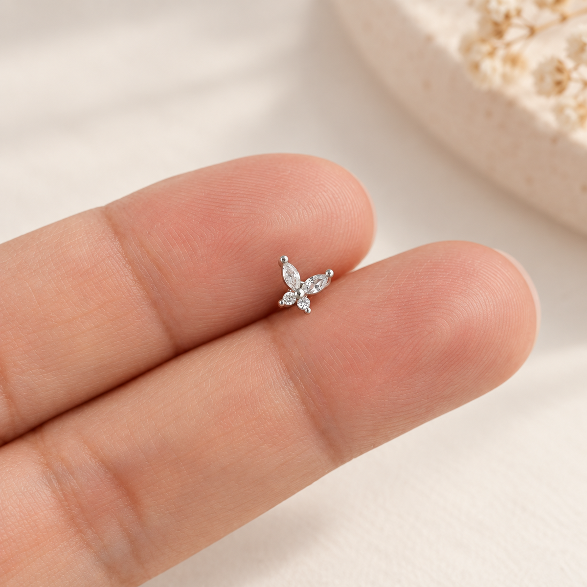 Butterfly Piercing Stud, 18G, 7mm, Gold or Silver, Single - Silver variant